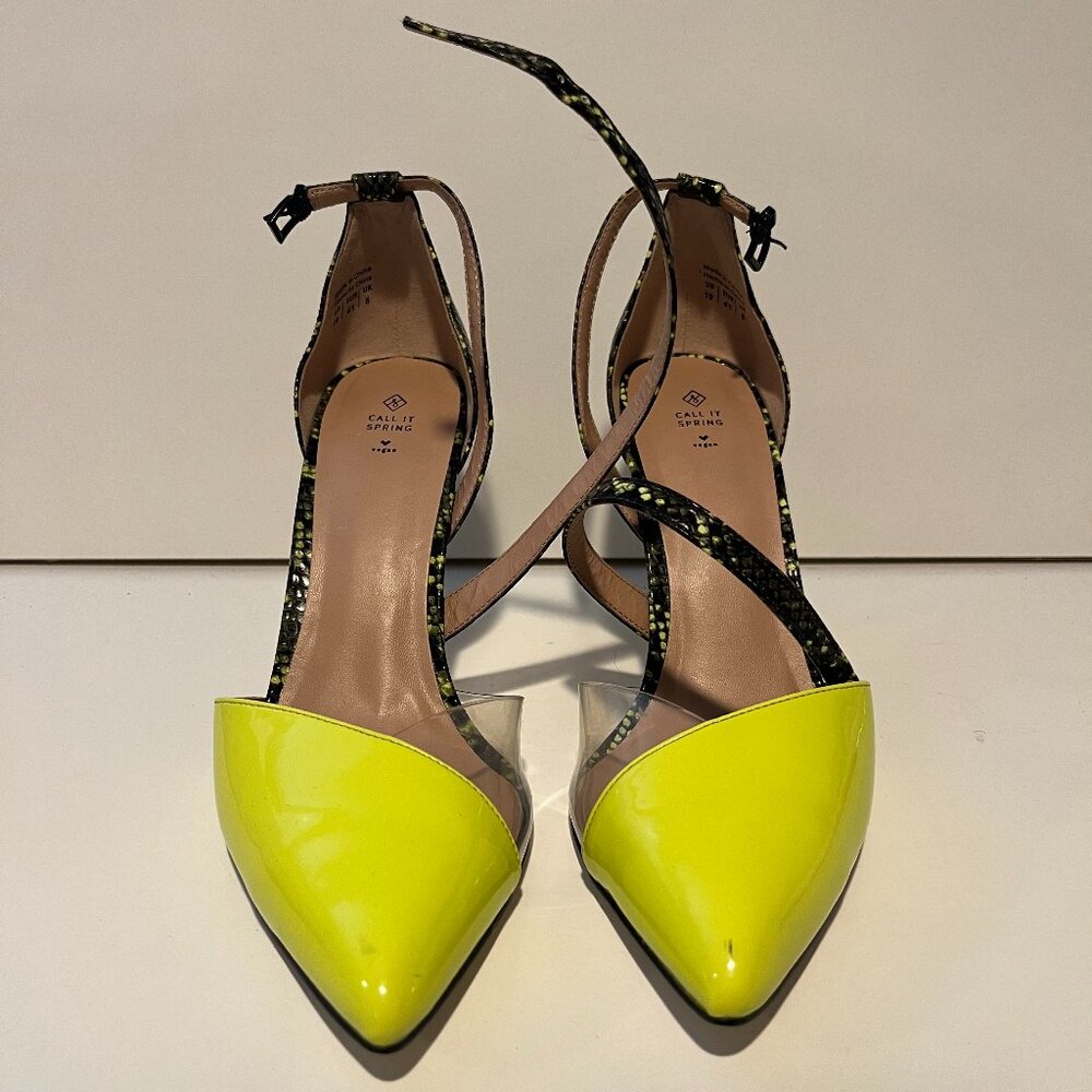 Call It Spring Maryam Heels Size 10 – Neon Yellow Snake Print, Used with Box